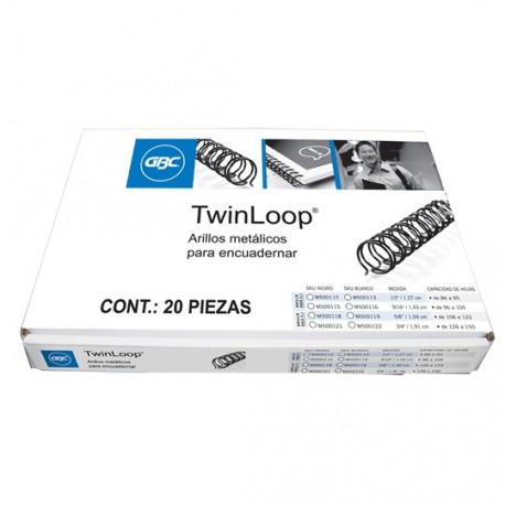 GUSANO DE ARILLO METALICO GBC DE 3/4 PULGADA PASO 2:1 HASTA 126 A 150 HOJAS COLOR NEGRO 1 PAQUETE CON 20 PIEZAS