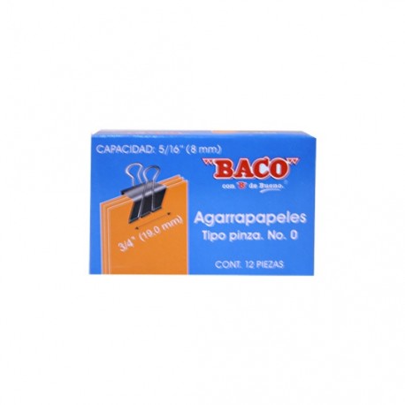 SUJETADOCUMENTOS MINI DE 8 MM BACO CAPACIDAD HASTA 25 HOJAS 1 CAJA CON 12 PIEZAS