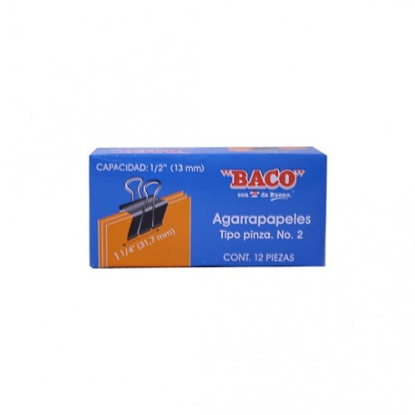 SUJETADOCUMENTOS MINI DE 13 MM BACO CAPACIDAD HASTA 41 HOJAS 1 CAJA CON 12 PIEZAS