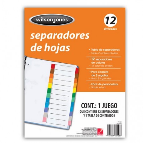 SEPARADOR WILSON JONES P2458 TAMAÑO CARTA CON 12 DIVISIONES DE PAPEL CON CEJAS MULTICOLOR 1 JUEGO