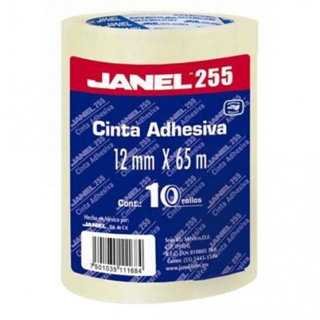 CINTA ADHESIVA CORTE FACIL JANEL 255 TRANSPARENTE DE 12 MM X 65 M BLISTER CON 10 PZAS