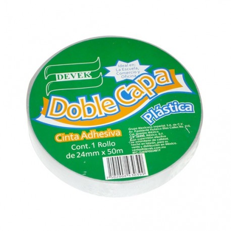 CINTA ADHESIVA DOBLE CAPA DE POLIPROPILENO DEVEK PDC100 COLOR TRANSPARENTE DE 24 MM X 50 M 1 PZA