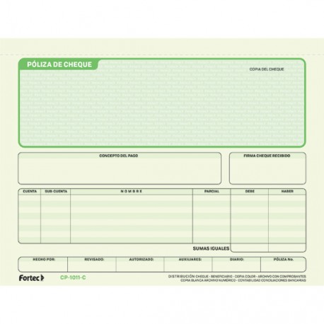Póliza de cheque c/carbón 1/2 oficio