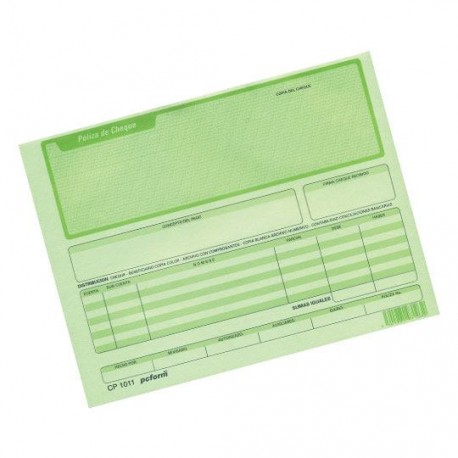 POLIZA DE CHEQUE PC FORM CP-1011 TAMAÑO ½ OFICIO ORIGINAL Y COPIA 1 BLOCK CON 25 JUEGOS