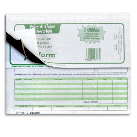POLIZA DE CHEQUE PC FORM CP-1011-C TAMAÑO ½ OFICIO INTERCARBON 1 BLOCK CON 25 JUEGOS