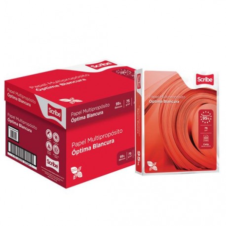 CAJA DE PAPEL BOND BLANCO CARTA SCRIBE ROJO GRAMAJE 75 GRS BLANCURA 95 PORCIENTO 8.5 X 11 PULGADAS 10 PAQUETES CON 500 HOJAS