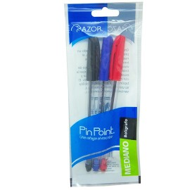 BOLIGRAFO AZOR PIN POINT COLOR NEGRO, AZUL Y ROJO DE PUNTO MEDIANO 1.0 MM TIPO DE BARRIL REDONDO BLISTER CON 3 PZ