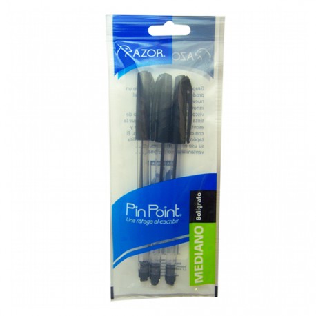 BOLIGRAFO AZOR PIN POINT COLOR NEGRO DE PUNTO MEDIANO 1.0 MM TIPO DE BARRIL REDONDO BLISTER DE 3 PZ