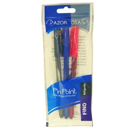 BOLIGRAFO AZOR PIN POINT COLOR NEGRO, AZUL Y ROJO DE PUNTO FINO 0.7 MM TIPO DE BARRIL REDONDO BLISTER CON 3 PZ