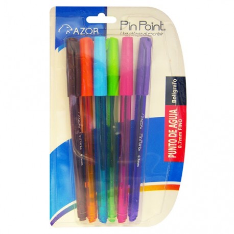 BOLIGRAFO AZOR PIN POINT COLOR SURTIDO DE PUNTO FINO 0.7 MM TIPO DE BARRIL REDONDO BLISTER CON 6 PZ