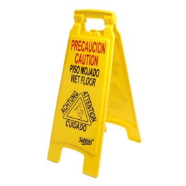 LETRERO DE PLASTICO SABLON LEMA PRECAUCION PISO MOJADO COLOR AMARILLO