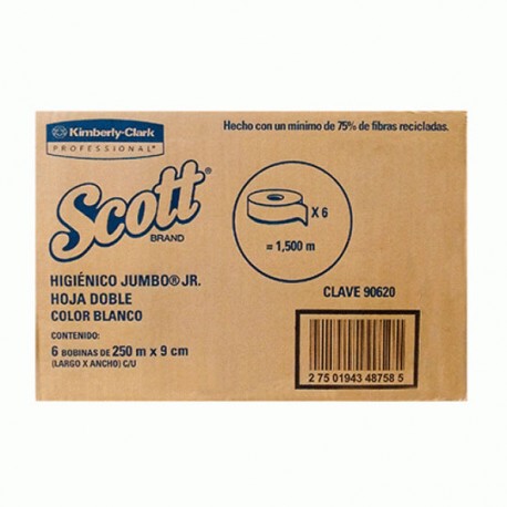 PAPEL HIGIENICO BOBINA SCOTT 90620 JR HOJA DOBLE DE 250 M X 9.5 CM 6 PZAS