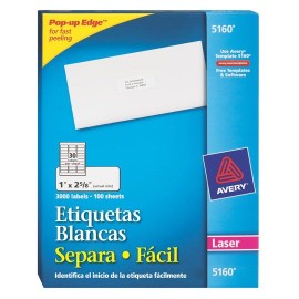 ETIQUETAS BLANCAS AVERY 5160 DE 2.5 X 6.7 CM PAQUETE CON 3000 PIEZAS