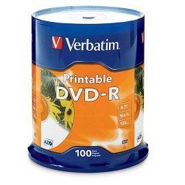 DVD DVD-R IMPRIMIBLE VERBATIM CAPACIDAD 4.7 GB VELOCIDAD DE TRANSFERENCIA 16X CAMPANA DE 100 PIEZAS