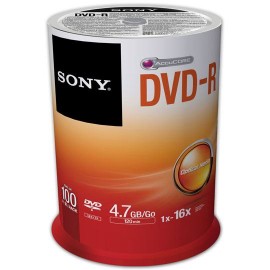 DVD DVD-R SONY 100DMR47 CAPACIDAD 4.7GB VELOCIDAD DE TRANSFERENCIA 16X CAMPANA DE 100 PIEZAS